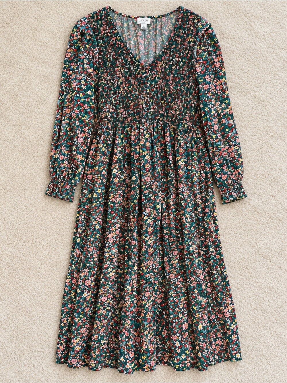 J.Crew Factory XL Green Floral Smocked V-Neck Long Sleeve Midi Dress